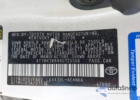 2006 Toyota Avalon Xl z USA, uszkodzony, nr VIN 4T1BK36B96U125556